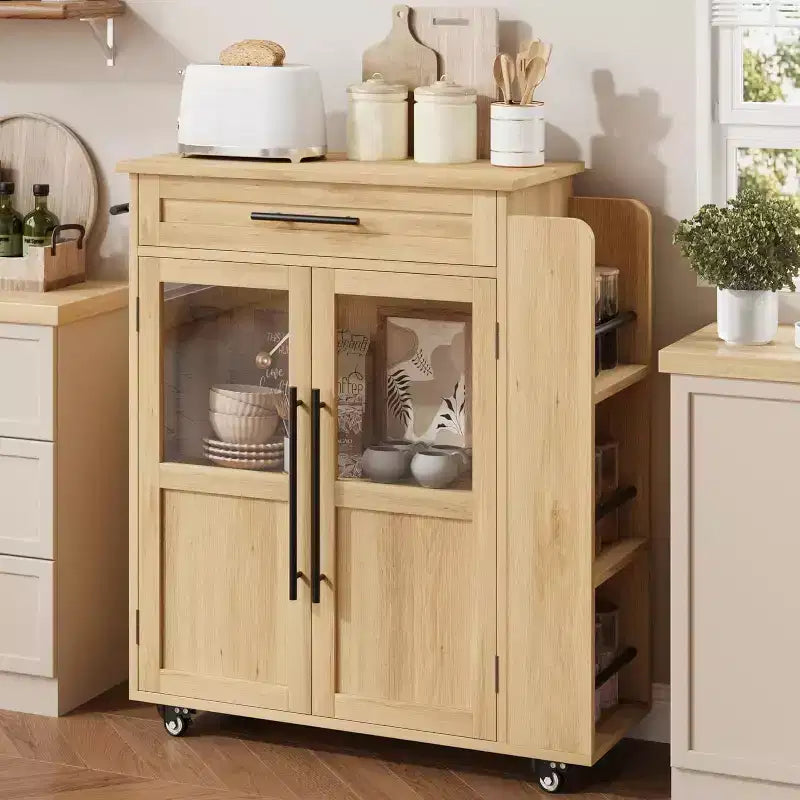 Table îlot de cuisine sur roulettes, îlot de rangement avec porte-épices et tiroir, desserte de cuisine roulante pour la maison, la salle à manger, chêne naturel