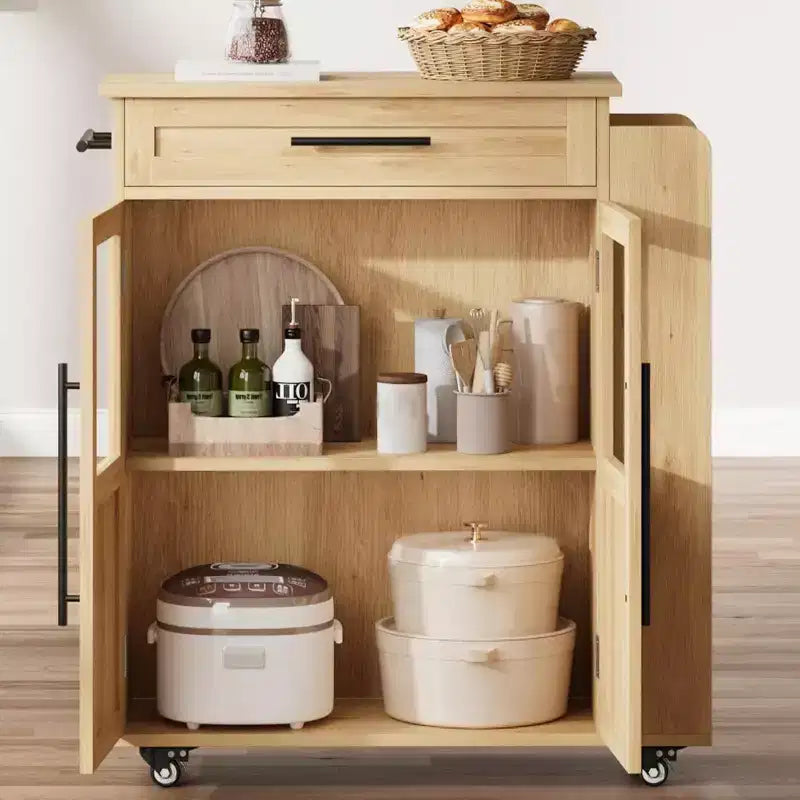 Table îlot de cuisine sur roulettes, îlot de rangement avec porte-épices et tiroir, desserte de cuisine roulante pour la maison, la salle à manger, chêne naturel