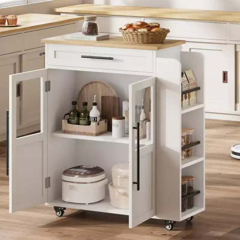 Table îlot de cuisine sur roulettes, îlot de rangement avec porte-épices et tiroir, desserte de cuisine roulante pour la maison, la salle à manger, chêne naturel