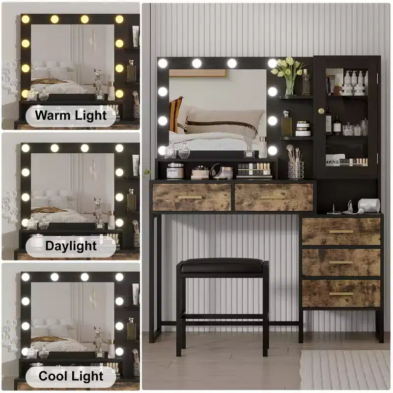 Coiffeuse de maquillage avec lumières 3 couleurs, table de vanité avec station de charge, bureau de vanité avec tiroirs étagères miroir, table de toilette pour chambre à coucher