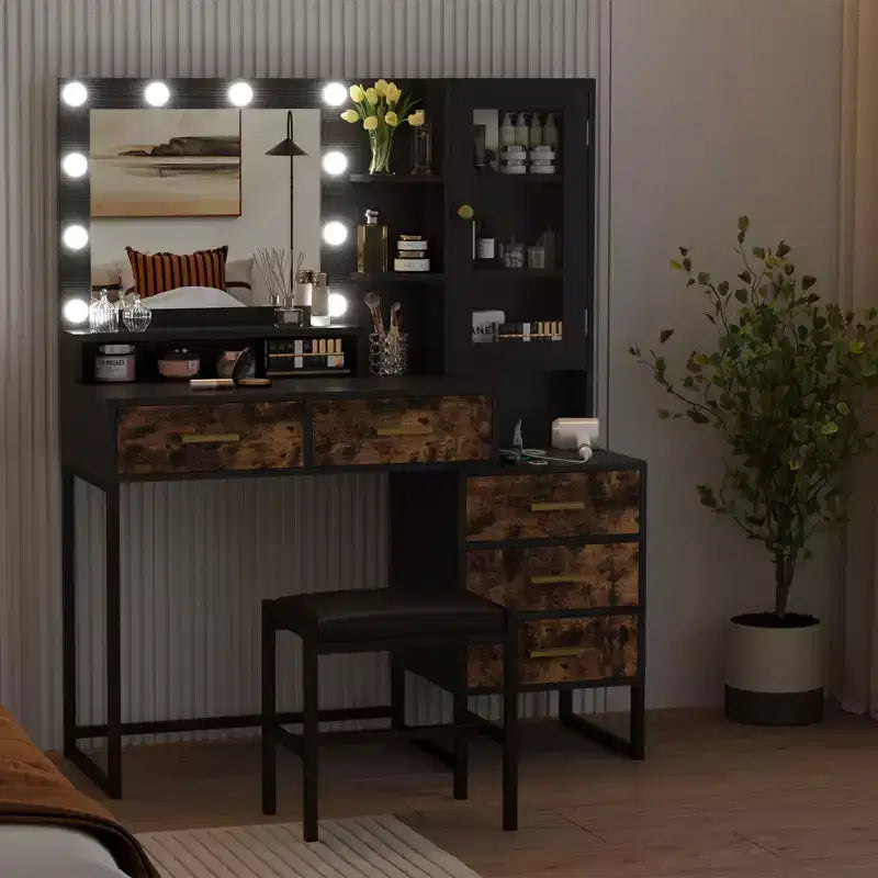 Coiffeuse de maquillage avec lumières 3 couleurs, table de vanité avec station de charge, bureau de vanité avec tiroirs étagères miroir, table de toilette pour chambre à coucher