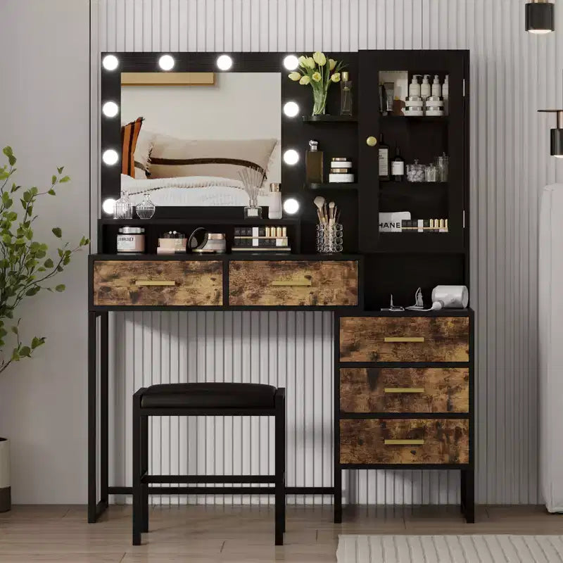 Coiffeuse de maquillage avec lumières 3 couleurs, table de vanité avec station de charge, bureau de vanité avec tiroirs étagères miroir, table de toilette pour chambre à coucher