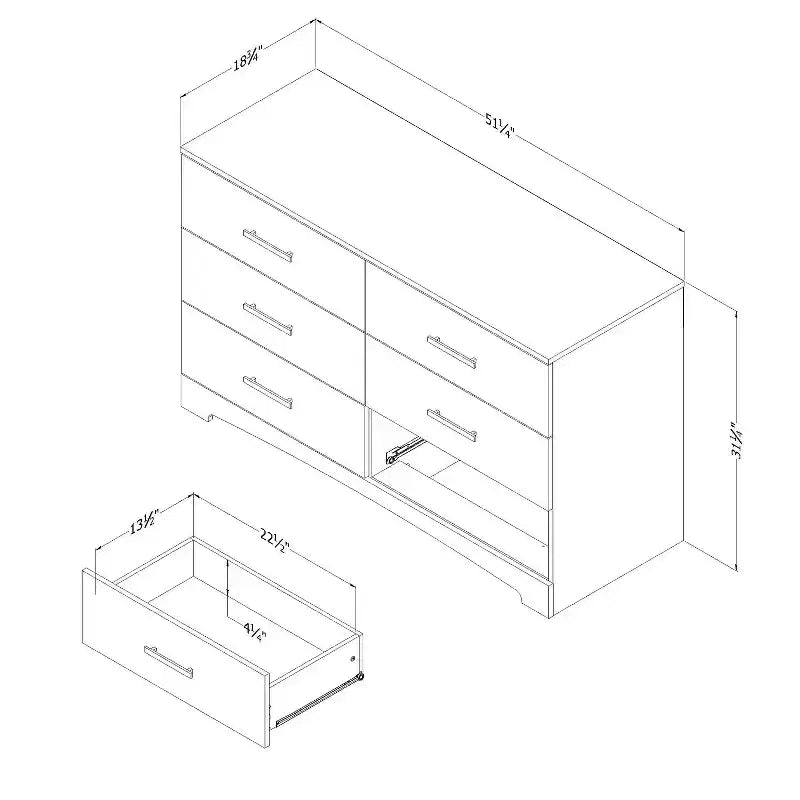 Commode horizontale HomeStock en panneau de particules de 16,5 cm de hauteur avec 6 tiroirs, finition blanche