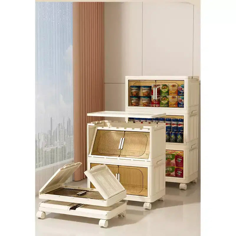 MAYEERTY Armoires de Rangement Pliantes en Plastique à 3 Niveaux avec Portes Magnétiques Roues, Organiseurs et Conteneurs de Rangement Blanc pour Petits Espaces