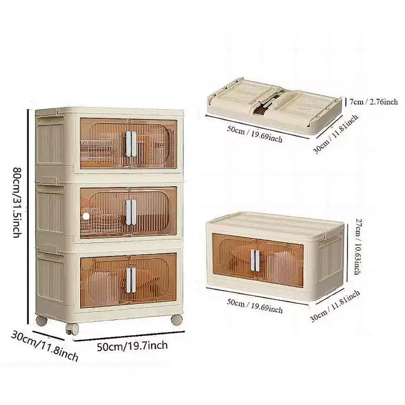 MAYEERTY 3 Tiers Plastic Folding Storage Cabinets with Magnetic Doors Wheels, Closet Organizers and Storage Containers White for Small Space