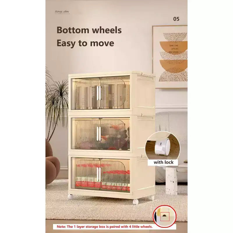 MAYEERTY Armoires de Rangement Pliantes en Plastique à 3 Niveaux avec Portes Magnétiques Roues, Organiseurs et Conteneurs de Rangement Blanc pour Petits Espaces