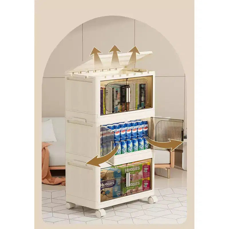 MAYEERTY Armoires de Rangement Pliantes en Plastique à 3 Niveaux avec Portes Magnétiques Roues, Organiseurs et Conteneurs de Rangement Blanc pour Petits Espaces