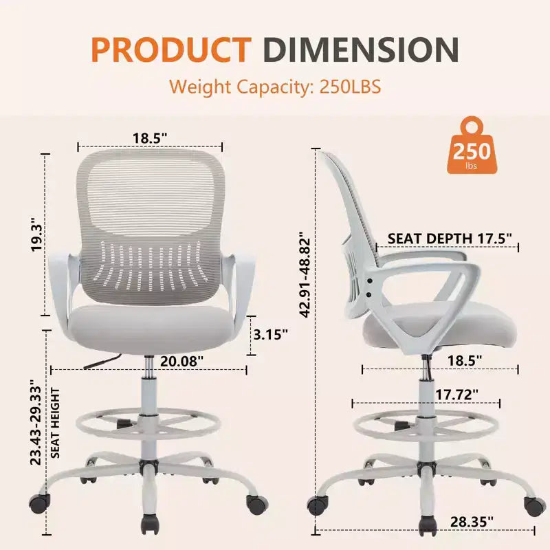 Chaise de bureau ergonomique MAYEERTY pour bureau assis-debout avec hauteur réglable Fauteuil de bureau accoudoir fixe Gris