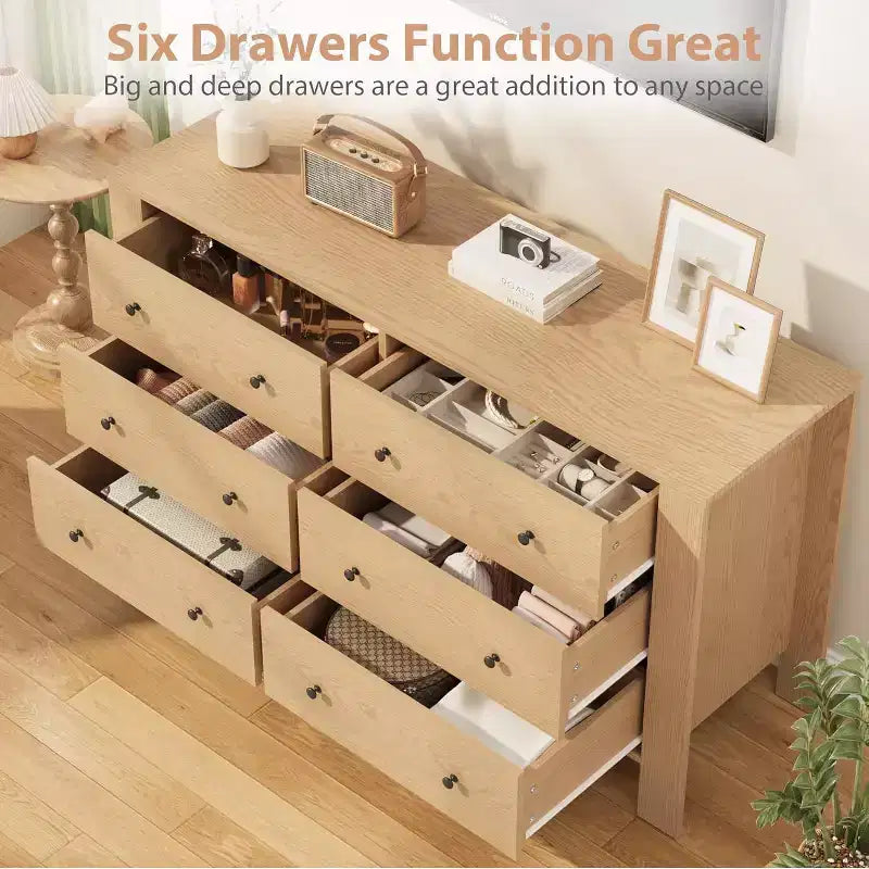 Commode double Acekool à 6 tiroirs, organisateur de rangement moderne en bois pour chambre et chambre d'enfant