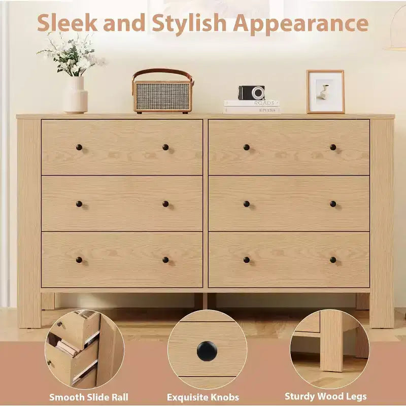 Commode double Acekool à 6 tiroirs, organisateur de rangement moderne en bois pour chambre et chambre d'enfant