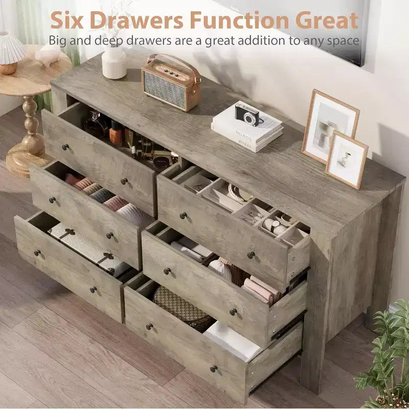 Commode double Acekool à 6 tiroirs, organisateur de rangement moderne en bois pour chambre et chambre d'enfant