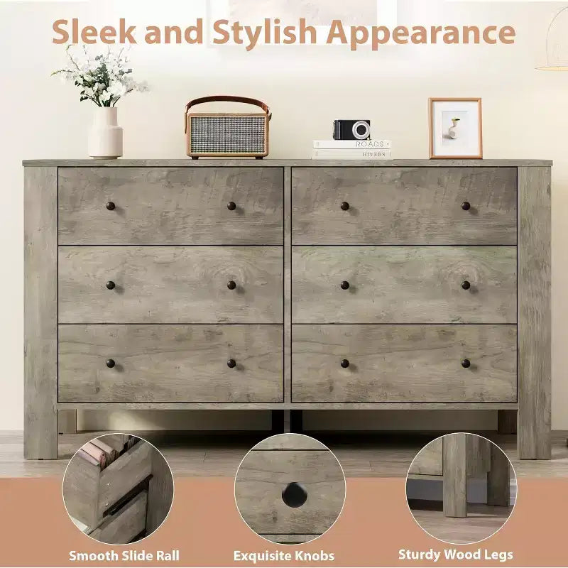 Commode double Acekool à 6 tiroirs, organisateur de rangement moderne en bois pour chambre et chambre d'enfant