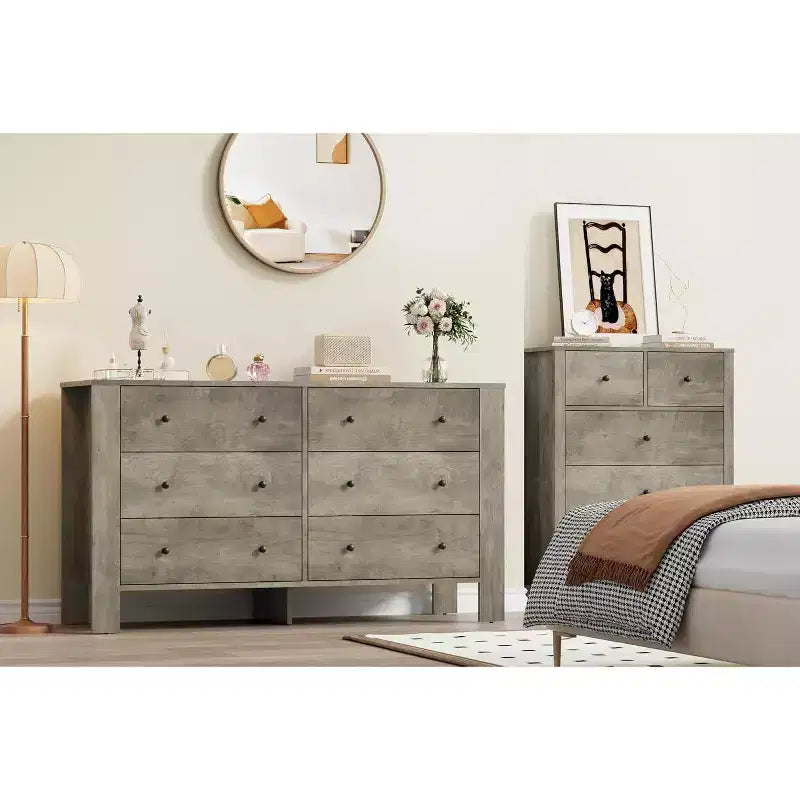 Commode double Acekool à 6 tiroirs, organisateur de rangement moderne en bois pour chambre et chambre d'enfant