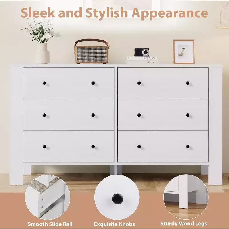 Commode double Acekool à 6 tiroirs, organisateur de rangement moderne en bois pour chambre et chambre d'enfant