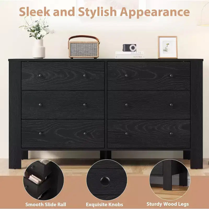 Commode double Acekool à 6 tiroirs, organisateur de rangement moderne en bois pour chambre et chambre d'enfant