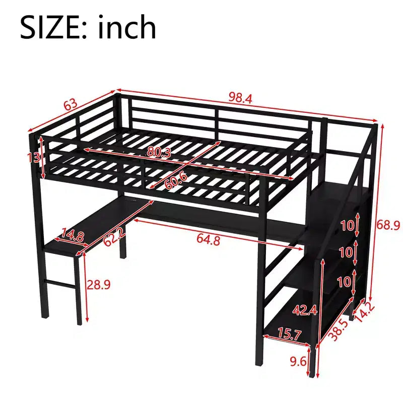 Lit superposé surélevé en métal Okak avec bureau en L et USB, cadre de lit robuste avec armoire et étagère réglable, LED pour adultes, adolescents, enfants
