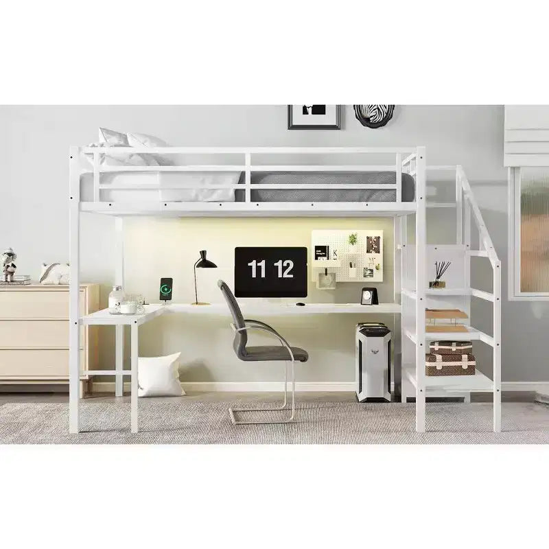 Lit superposé surélevé en métal Okak avec bureau en L et USB, cadre de lit robuste avec armoire et étagère réglable, LED pour adultes, adolescents, enfants