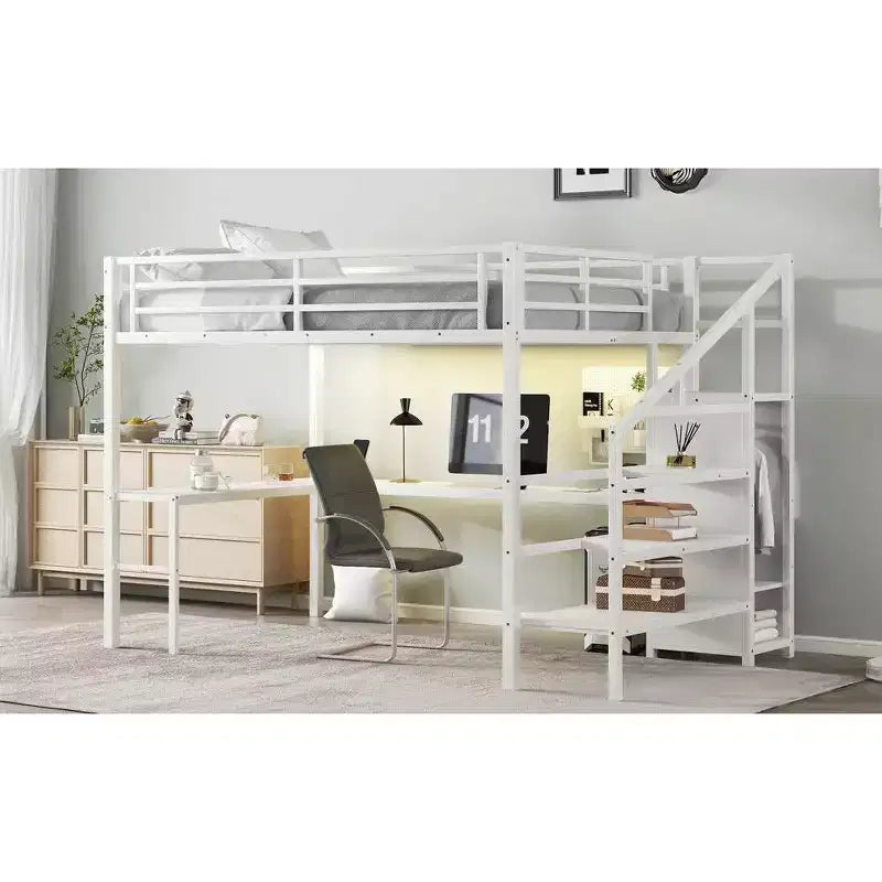 Lit superposé surélevé en métal Okak avec bureau en L et USB, cadre de lit robuste avec armoire et étagère réglable, LED pour adultes, adolescents, enfants