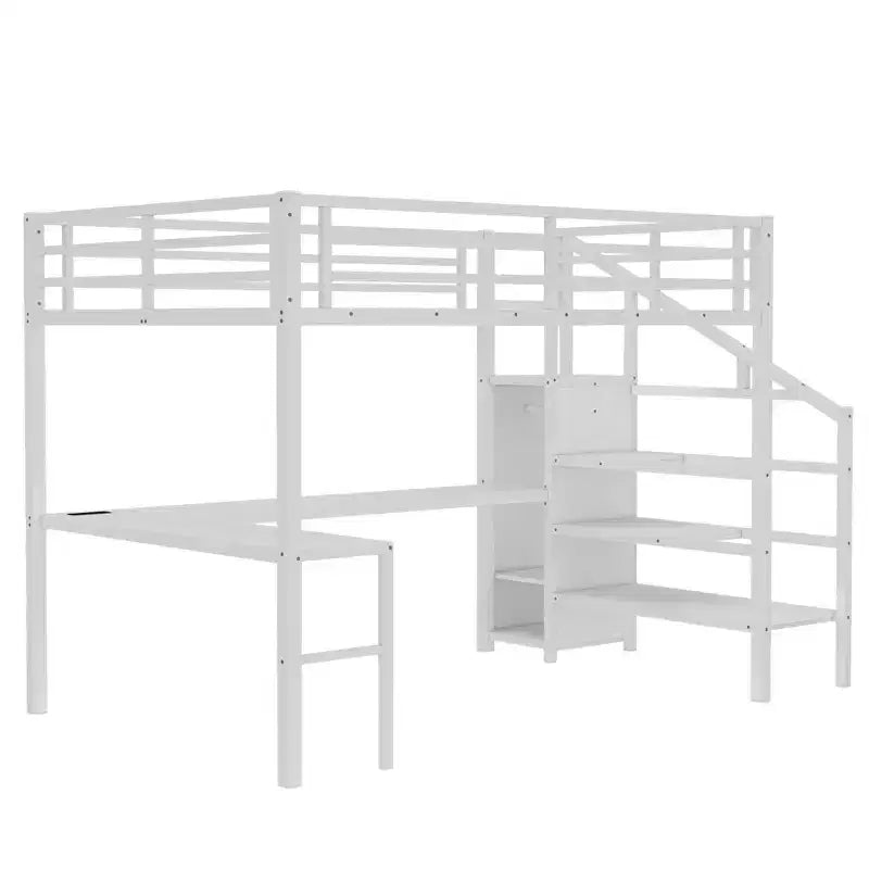 Lit superposé surélevé en métal Okak avec bureau en L et USB, cadre de lit robuste avec armoire et étagère réglable, LED pour adultes, adolescents, enfants