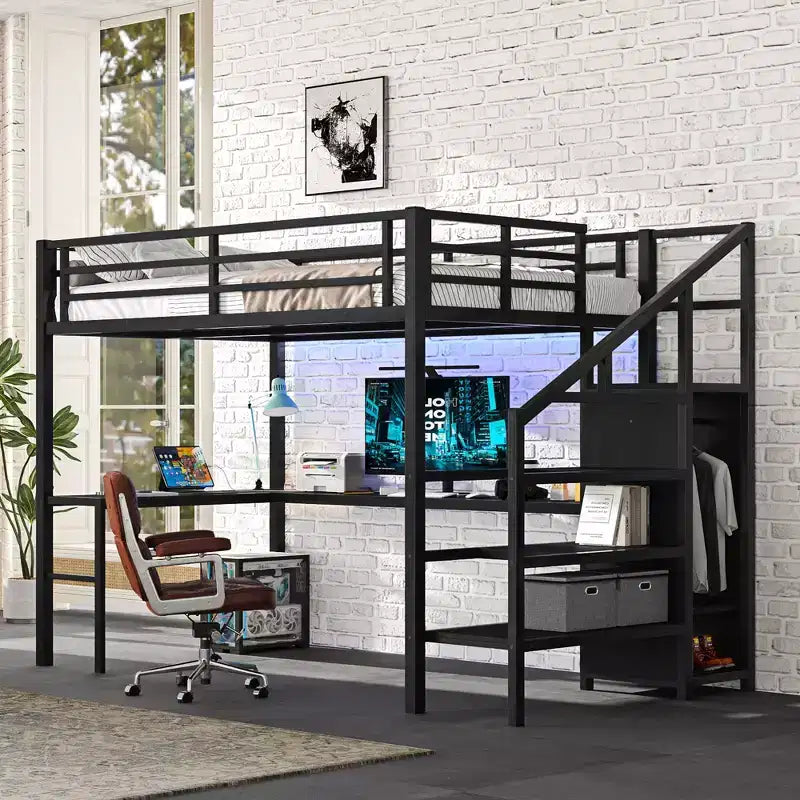 Lit superposé surélevé en métal Okak avec bureau en L et USB, cadre de lit robuste avec armoire et étagère réglable, LED pour adultes, adolescents, enfants