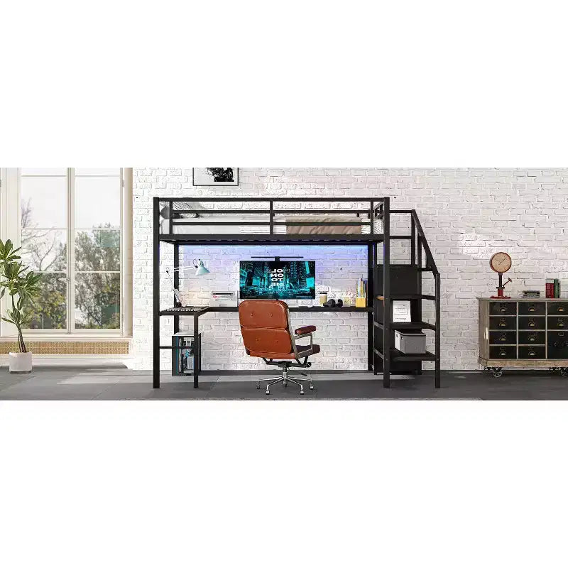 Lit superposé surélevé en métal Okak avec bureau en L et USB, cadre de lit robuste avec armoire et étagère réglable, LED pour adultes, adolescents, enfants