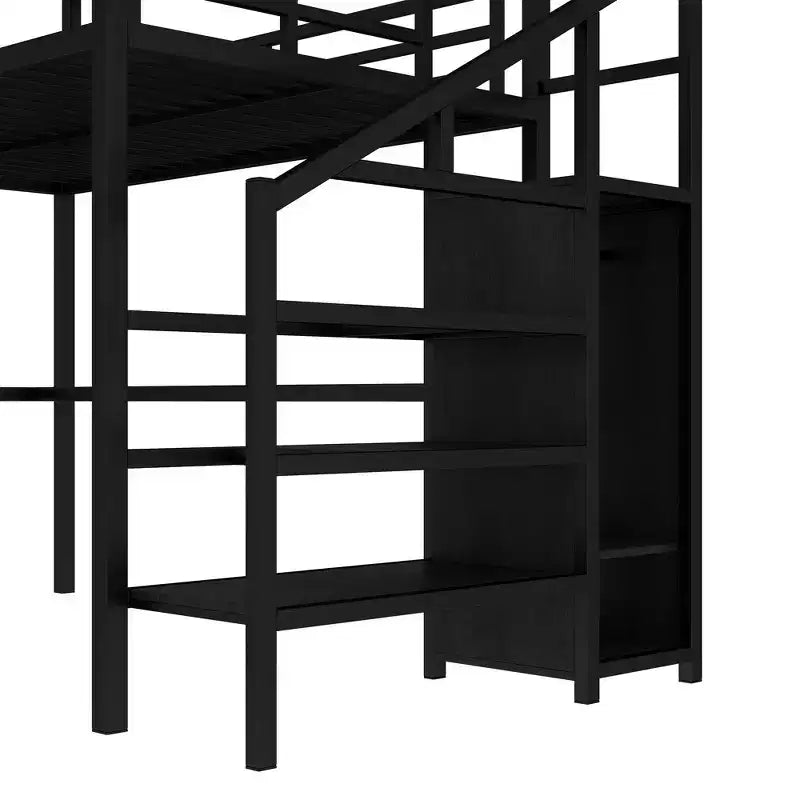Lit superposé surélevé en métal Okak avec bureau en L et USB, cadre de lit robuste avec armoire et étagère réglable, LED pour adultes, adolescents, enfants