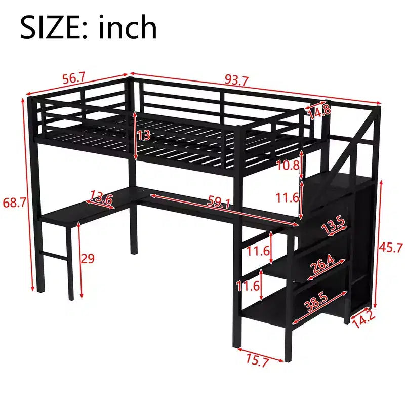 Lit superposé surélevé en métal Okak avec bureau en L et USB, cadre de lit robuste avec armoire et étagère réglable, LED pour adultes, adolescents, enfants
