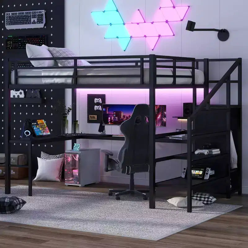Lit superposé surélevé en métal Okak avec bureau en L et USB, cadre de lit robuste avec armoire et étagère réglable, LED pour adultes, adolescents, enfants