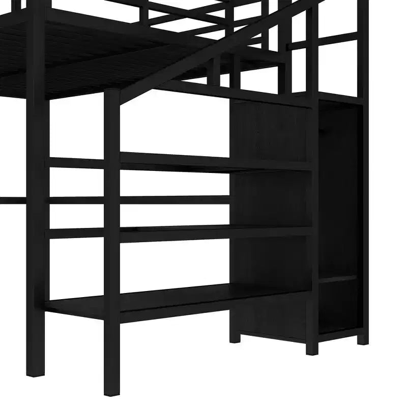 Lit superposé surélevé en métal Okak avec bureau en L et USB, cadre de lit robuste avec armoire et étagère réglable, LED pour adultes, adolescents, enfants