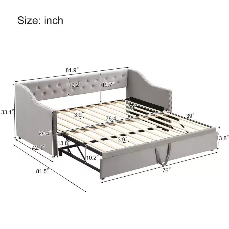 Lit de repos double Okak avec lit gigogne escamotable, cadre de lit rembourré avec dossier pour salon, chambre à coucher ou chambre d'amis