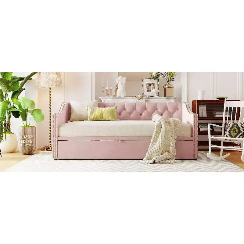 Lit de repos double Okak avec lit gigogne escamotable, cadre de lit rembourré avec dossier pour salon, chambre à coucher ou chambre d'amis