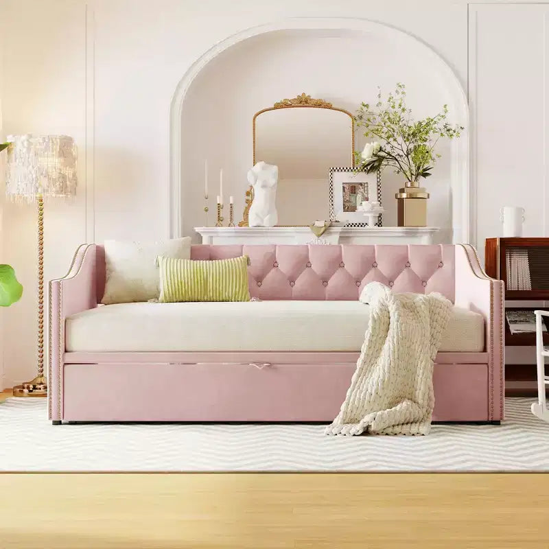 Lit de repos double Okak avec lit gigogne escamotable, cadre de lit rembourré avec dossier pour salon, chambre à coucher ou chambre d'amis
