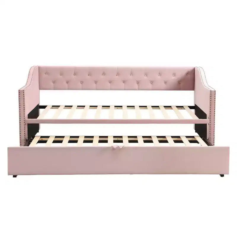 Lit de repos double Okak avec lit gigogne escamotable, cadre de lit rembourré avec dossier pour salon, chambre à coucher ou chambre d'amis