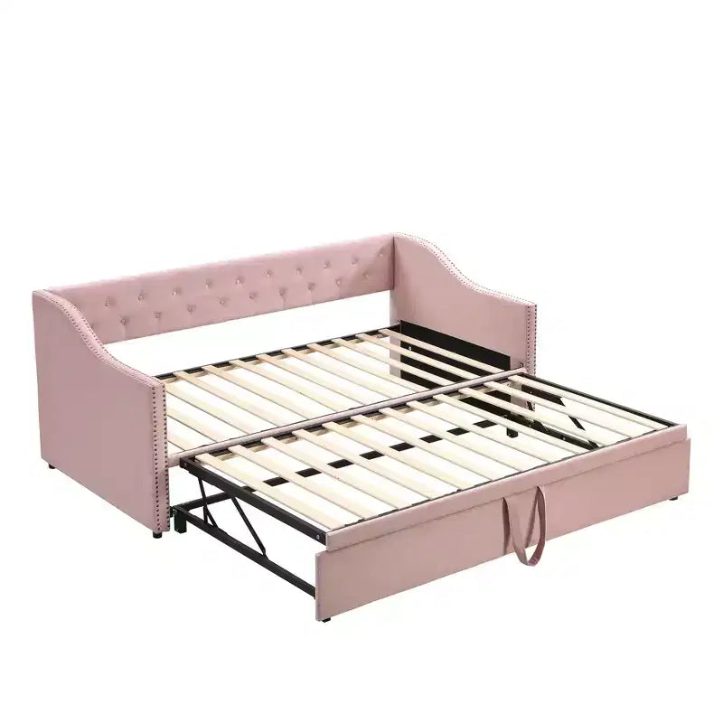 Lit de repos double Okak avec lit gigogne escamotable, cadre de lit rembourré avec dossier pour salon, chambre à coucher ou chambre d'amis