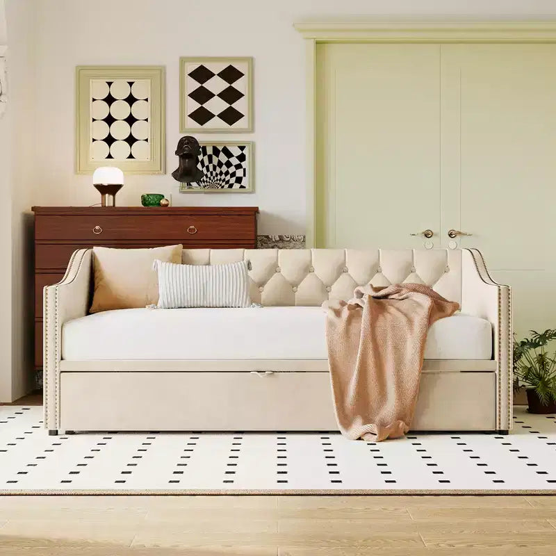 Lit de repos double Okak avec lit gigogne escamotable, cadre de lit rembourré avec dossier pour salon, chambre à coucher ou chambre d'amis