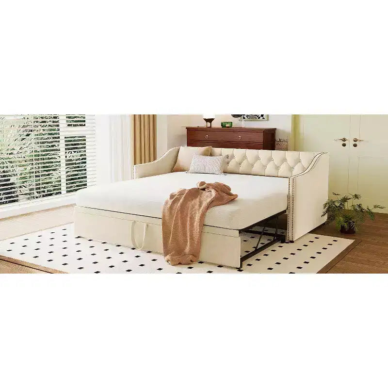 Lit de repos double Okak avec lit gigogne escamotable, cadre de lit rembourré avec dossier pour salon, chambre à coucher ou chambre d'amis