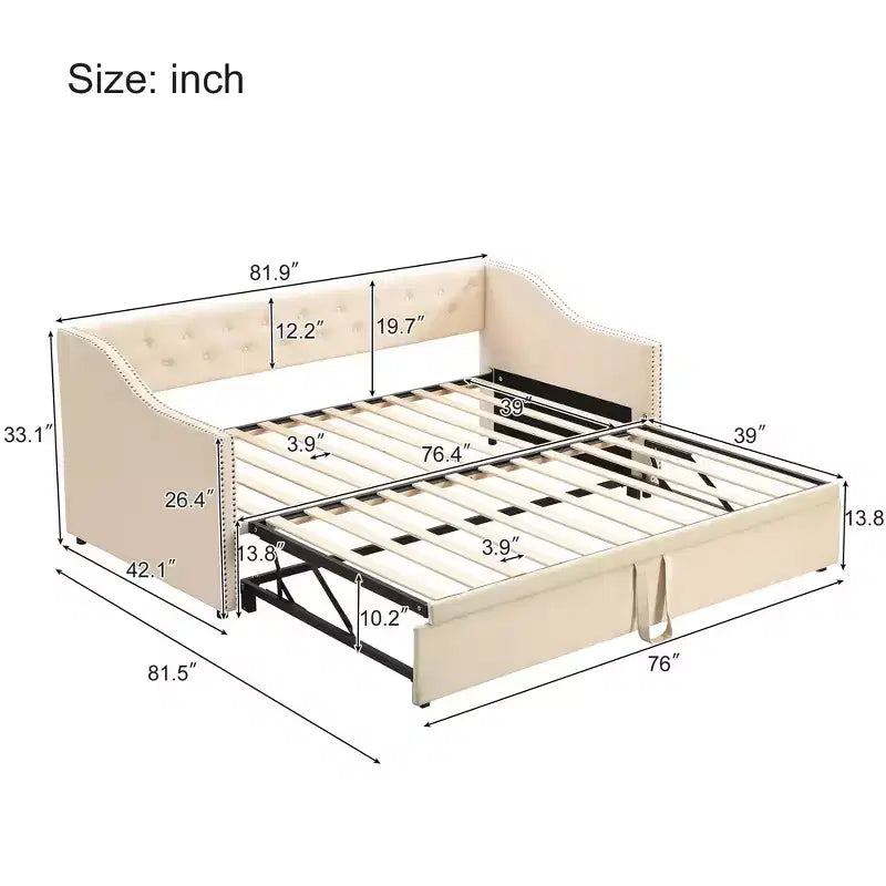 Lit de repos double Okak avec lit gigogne escamotable, cadre de lit rembourré avec dossier pour salon, chambre à coucher ou chambre d'amis