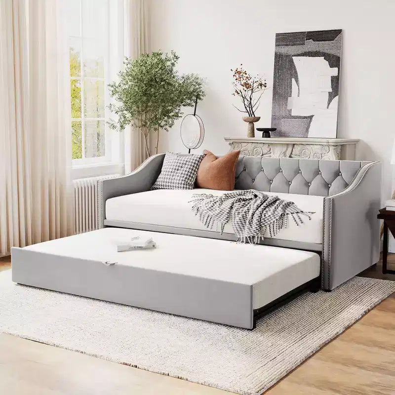 Lit de repos double Okak avec lit gigogne escamotable, cadre de lit rembourré avec dossier pour salon, chambre à coucher ou chambre d'amis