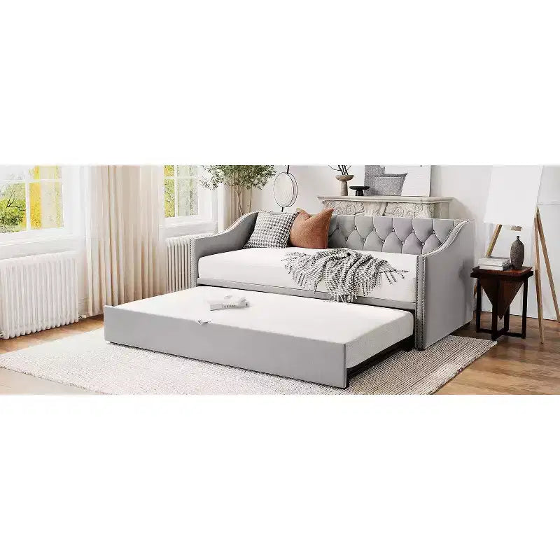 Lit de repos double Okak avec lit gigogne escamotable, cadre de lit rembourré avec dossier pour salon, chambre à coucher ou chambre d'amis