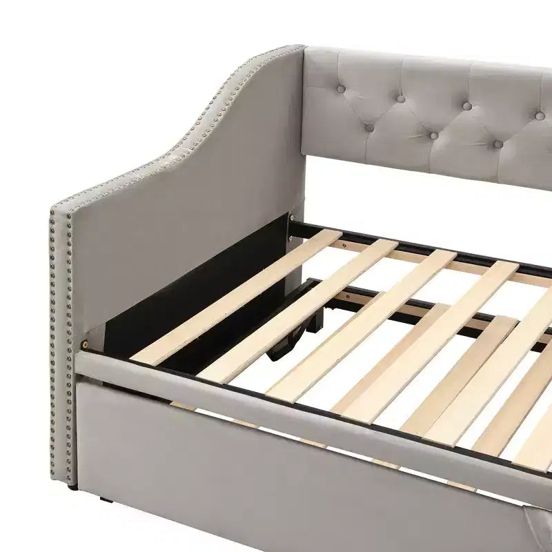 Lit de repos double Okak avec lit gigogne escamotable, cadre de lit rembourré avec dossier pour salon, chambre à coucher ou chambre d'amis