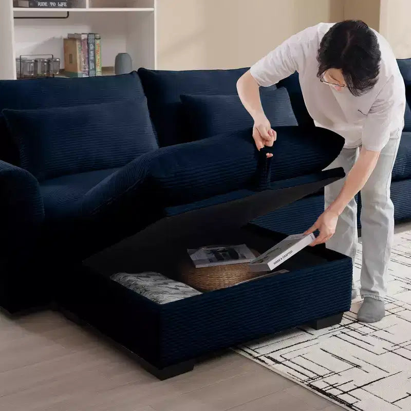 Banc ottoman de rangement carré élégant en velours côtelé Okak avec rangement dissimulé, repose-pieds rembourré à combiner avec un canapé pour le salon ou la chambre à coucher
