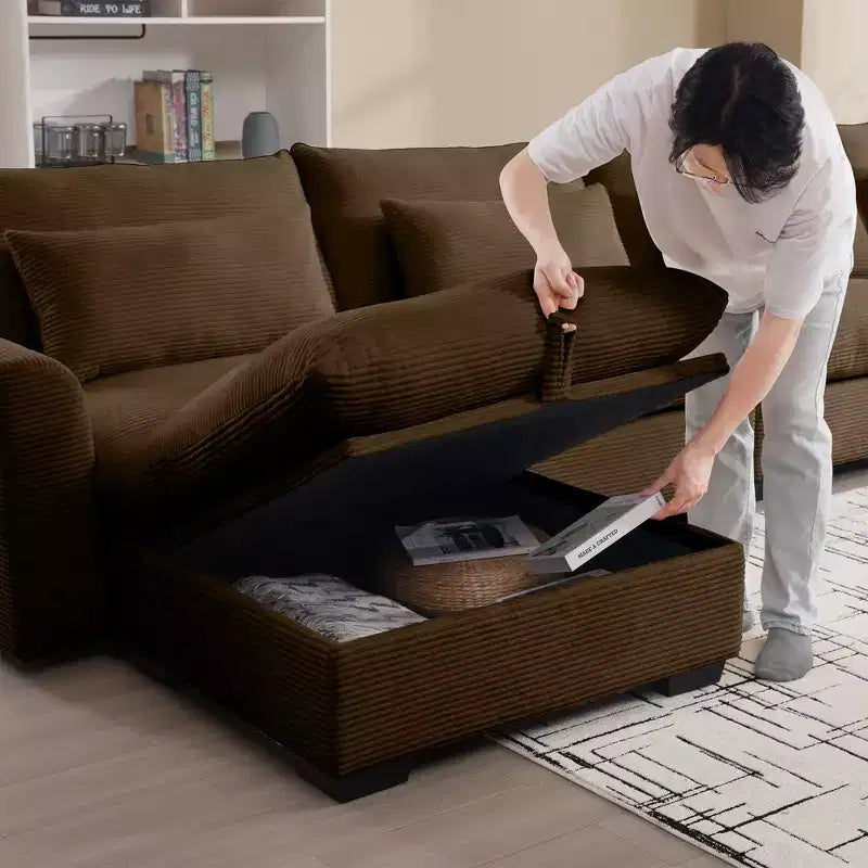 Banc ottoman de rangement carré élégant en velours côtelé Okak avec rangement dissimulé, repose-pieds rembourré à combiner avec un canapé pour le salon ou la chambre à coucher