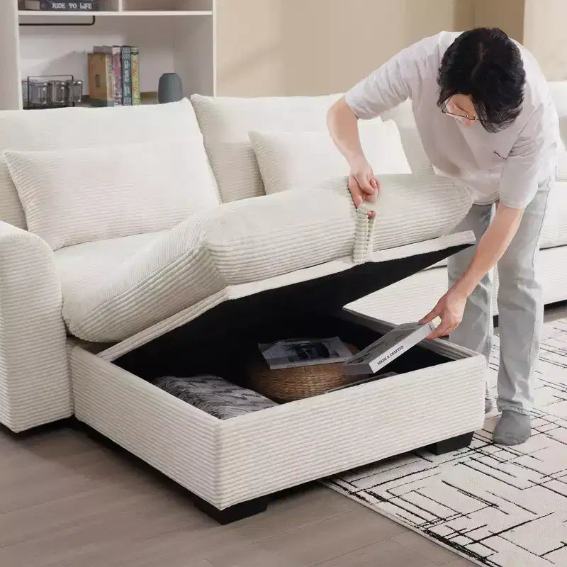 Banc ottoman de rangement carré élégant en velours côtelé Okak avec rangement dissimulé, repose-pieds rembourré à combiner avec un canapé pour le salon ou la chambre à coucher