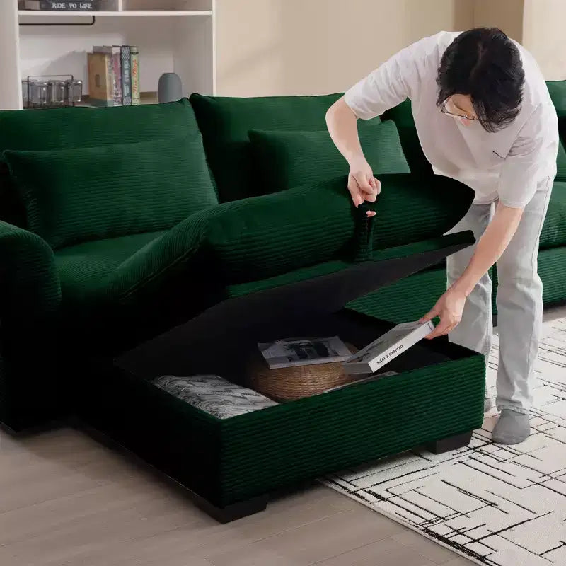 Banc ottoman de rangement carré élégant en velours côtelé Okak avec rangement dissimulé, repose-pieds rembourré à combiner avec un canapé pour le salon ou la chambre à coucher