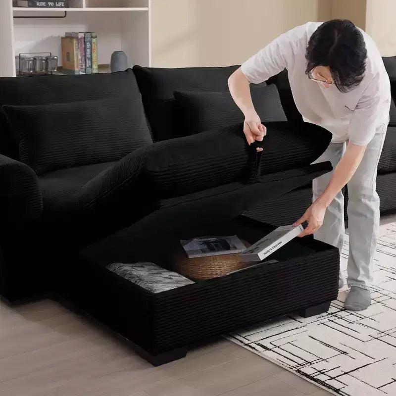 Banc ottoman de rangement carré élégant en velours côtelé Okak avec rangement dissimulé, repose-pieds rembourré à combiner avec un canapé pour le salon ou la chambre à coucher