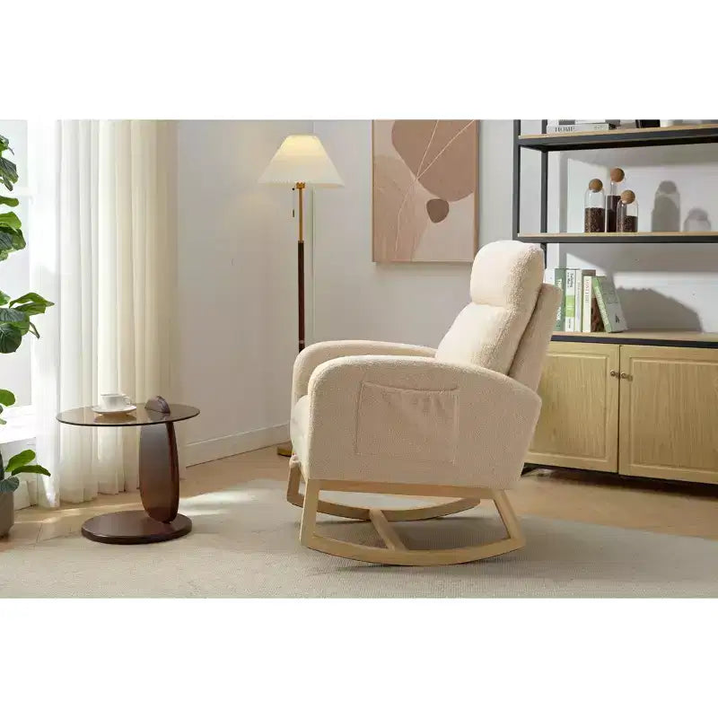 Fauteuil à bascule d'appoint moderne Okak avec poche latérale et dossier haut rembourré confortable pour chambre, salon ou chambre d d'enfant