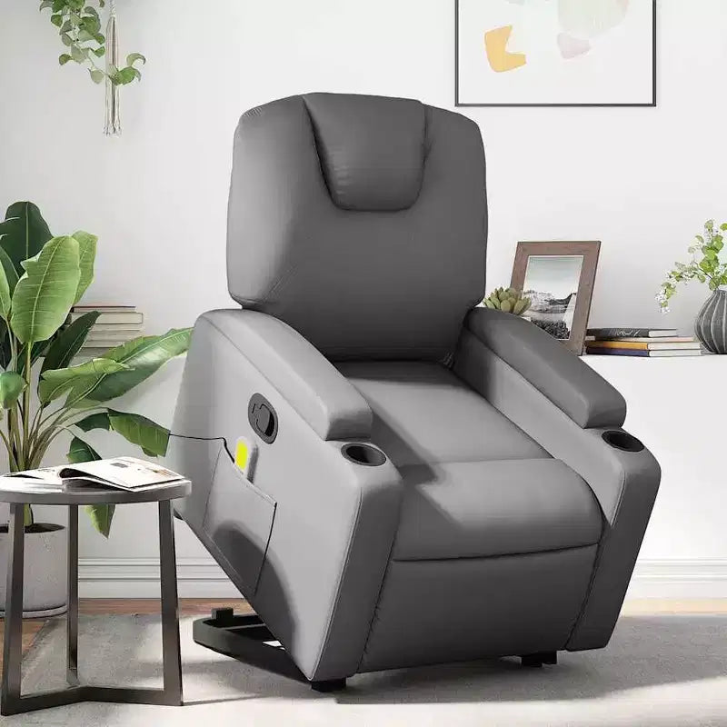 vidaXL Fauteuil inclinable de massage à levage électrique – Inclinable manuel, massage vibrant, porte-gobelets, similicuir, aide électrique pour se lever, gris