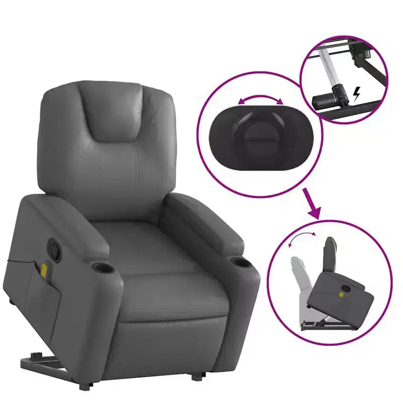 vidaXL Fauteuil inclinable de massage à levage électrique – Inclinable manuel, massage vibrant, porte-gobelets, similicuir, aide électrique pour se lever, gris
