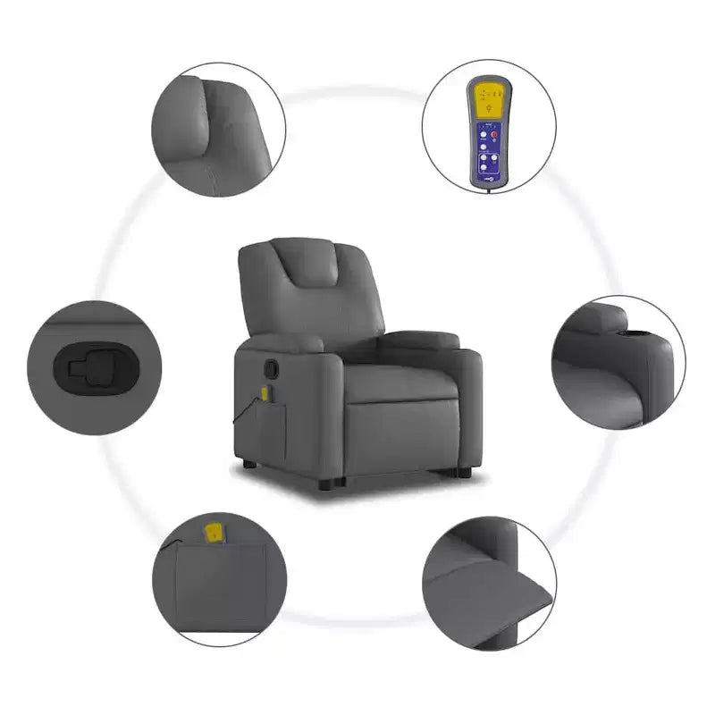 vidaXL Fauteuil inclinable de massage à levage électrique – Inclinable manuel, massage vibrant, porte-gobelets, similicuir, aide électrique pour se lever, gris