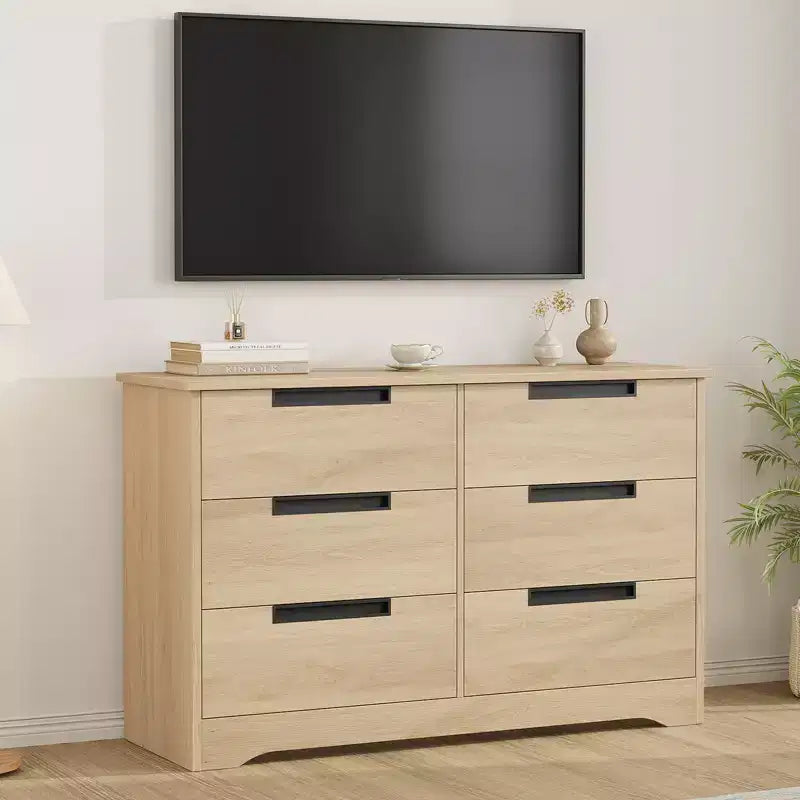 6 Drawer Dresser for Bedroom, Natural Double Dresser Organizer with Embedded Handles Design, Wooden Chest of Drawers for Living Room Nursery Hallway